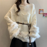 Patchwork Hollow-Out Long-Sleeve Knit Sweater with Waist Tie