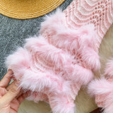 Patchwork Hollow-Out Long-Sleeve Knit Sweater with Waist Tie