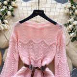 Patchwork Hollow-Out Long-Sleeve Knit Sweater with Waist Tie