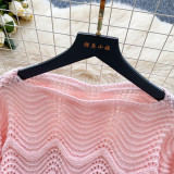 Patchwork Hollow-Out Long-Sleeve Knit Sweater with Waist Tie
