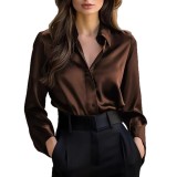 ihoov Autumn Solid Color Long Sleeve Button-Down Blouse