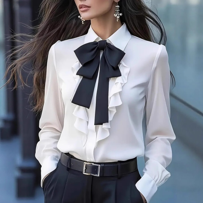 ihoov Exclusive Solid Color Blouse with Bow & Ruffle Details