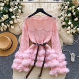 Patchwork Hollow-Out Long-Sleeve Knit Sweater with Waist Tie