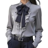 ihoov Exclusive Solid Color Blouse with Bow & Ruffle Details