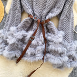 Patchwork Hollow-Out Long-Sleeve Knit Sweater with Waist Tie