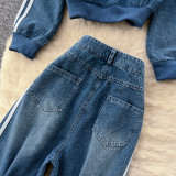 Color-Block Stripe Long-Sleeve Denim Jacket & High-Waisted Wide-Leg Pants Set