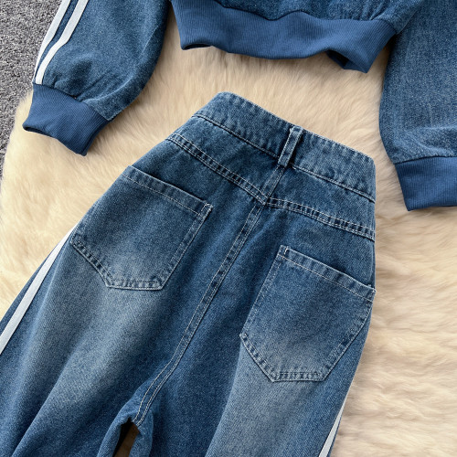 Color-Block Stripe Long-Sleeve Denim Jacket & High-Waisted Wide-Leg Pants Set