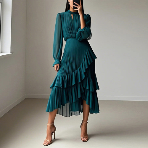 Ruffled Midi Dress with Lace Trim