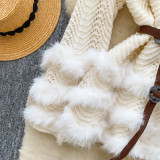 Patchwork Hollow-Out Long-Sleeve Knit Sweater with Waist Tie