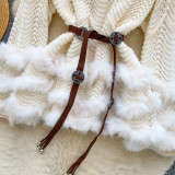 Patchwork Hollow-Out Long-Sleeve Knit Sweater with Waist Tie