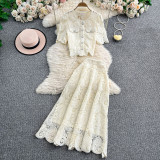 Lace Embroidered Blouse & High-Waisted Midi Skirt Set