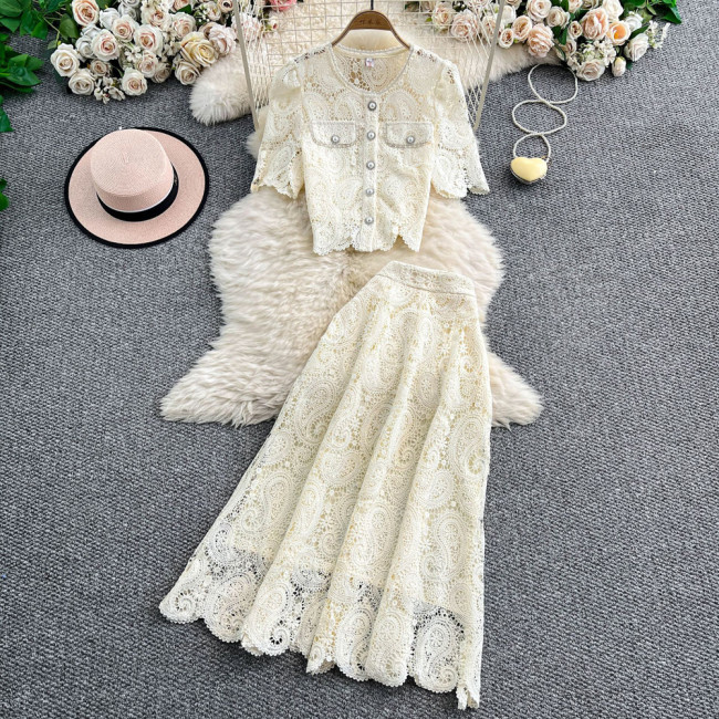 Lace Embroidered Blouse & High-Waisted Midi Skirt Set