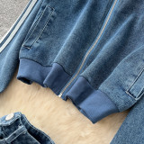 Color-Block Stripe Long-Sleeve Denim Jacket & High-Waisted Wide-Leg Pants Set