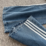 Color-Block Stripe Long-Sleeve Denim Jacket & High-Waisted Wide-Leg Pants Set