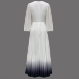 V-Neck Bell Sleeve 100+ Pleat Gradient Print Maxi Dress