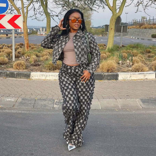 Winter Plaid Embroidery Distressed Denim Set