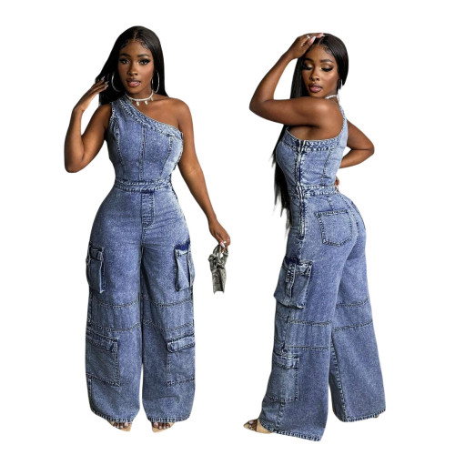 ihoov's High-Waisted Wide Leg Jumpsuit in Water-Washed Stretch Denim