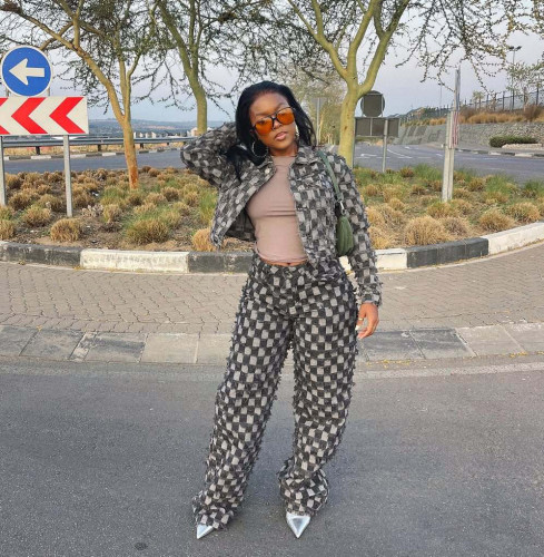 Winter Plaid Embroidery Distressed Denim Set