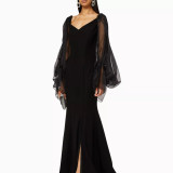 Fitted Trumpet Sleeve Evening Gown