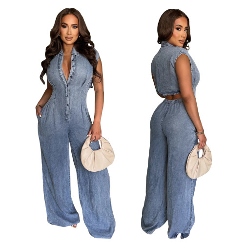 ihoov's High-Waisted Straight Leg Jumpsuit in Water-Washed Stretch Denim