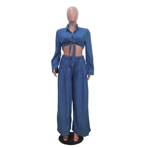 Cozy Wide Leg Jeans & Long Sleeve Tie Top Set