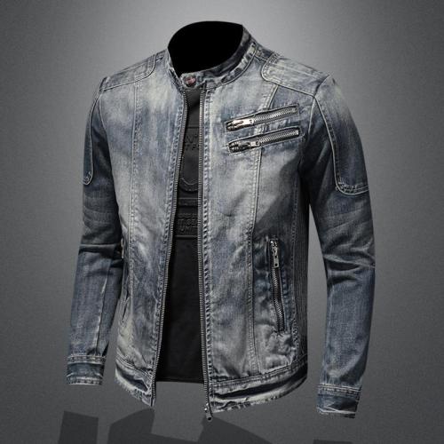 Unique Distressed Denim Motorcycle Coat for Men