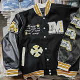 Embroidered Baseball Jacket with Wool & Leather Accents