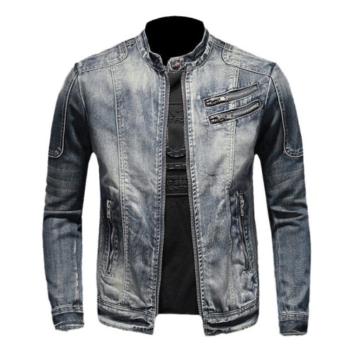 Unique Distressed Denim Motorcycle Coat for Men