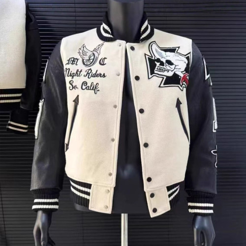 Cowhide Fabric Sleeve Patchwork Skull Rider thicker Baseball Jacket