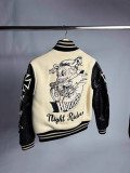 Cowhide Fabric Sleeve Patchwork Skull Rider thicker Baseball Jacket