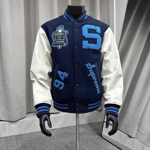 Embroidered Baseball Jacket with Pu Leather Sleeve Moto Style For Spring/Autumn Versatile