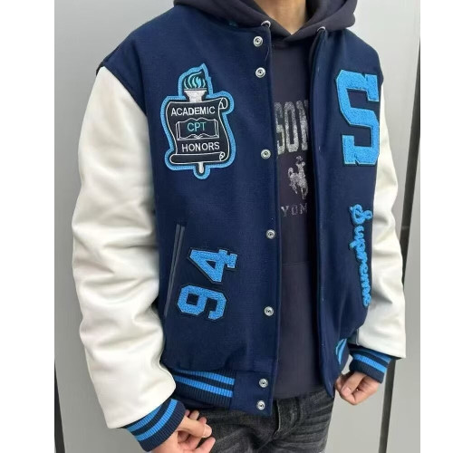 Embroidered Baseball Jacket with Pu Leather Sleeve Moto Style For Spring/Autumn Versatile