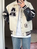 Embroidered Baseball Jacket with Pu Leather Sleeve Moto Style For Spring/Autumn Versatile