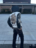 Cowhide Fabric Sleeve Patchwork Skull Rider thicker Baseball Jacket
