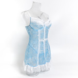 Lace Sheer Contrast Steel Ringed Girl's Sensual Sleepwear Suspender Short Skirt Set