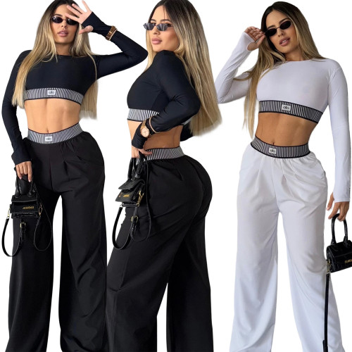 Cropped Long Sleeve Top & High-Waisted Wide Leg Pant Set