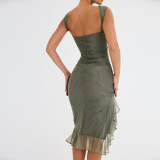 Sleeveless Round Neck Bodycon Dress with Exquisite Backless Ruffles