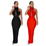 ihoov | Dramatic Halter Neck Floral Evening Gown -