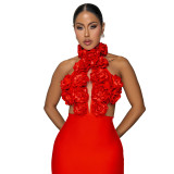 ihoov | Dramatic Halter Neck Floral Evening Gown -