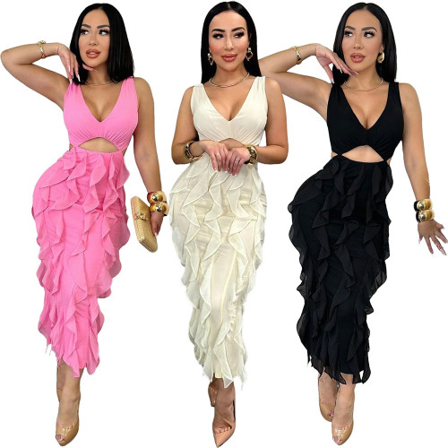 Sensual V-Neck Sleeveless Lace Trim Slit Dress