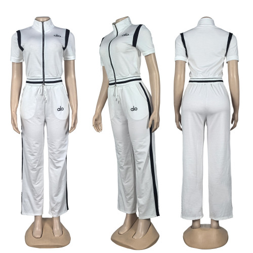 Autumn Fashion Embroidered Patchwork Ribbed Color-Block Loose Casual Trousers Se