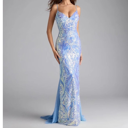 Blue Sequin V-Neck Sexy Party Dress Evening Gown
