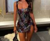 Colorful Diamond Pattern Sequin Slit Bodycon Sexy Dress