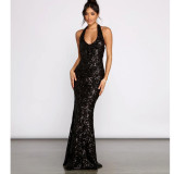 Women's Sexy Halter Neck Sequin Versatile Long Evening Dress