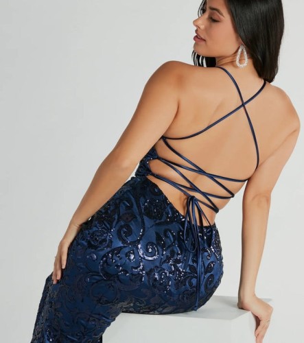 Elegant Sequin V-Neck Spaghetti Strap High Slit Banquet Evening Gown