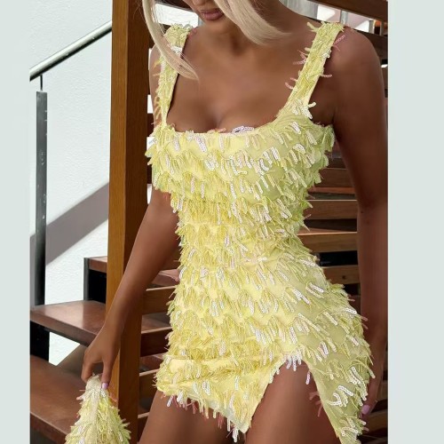 ihoov Women's Sexy Fringe Sequin Mesh Bodycon Dress with Slit and Feathers