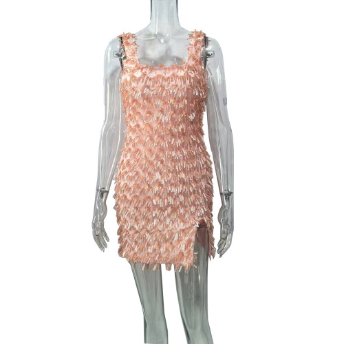 ihoov Women's Sexy Fringe Sequin Mesh Bodycon Dress with Slit and Feathers