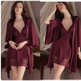 Sheer Lace Deep V Satin Nightdress with Robe Set
