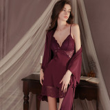 Sheer Lace Deep V Satin Nightdress with Robe Set