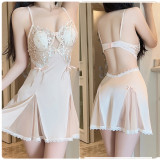 Deep V Backless Nightdress with Embroidery Sheer Mesh & Padded Satin Robe Set